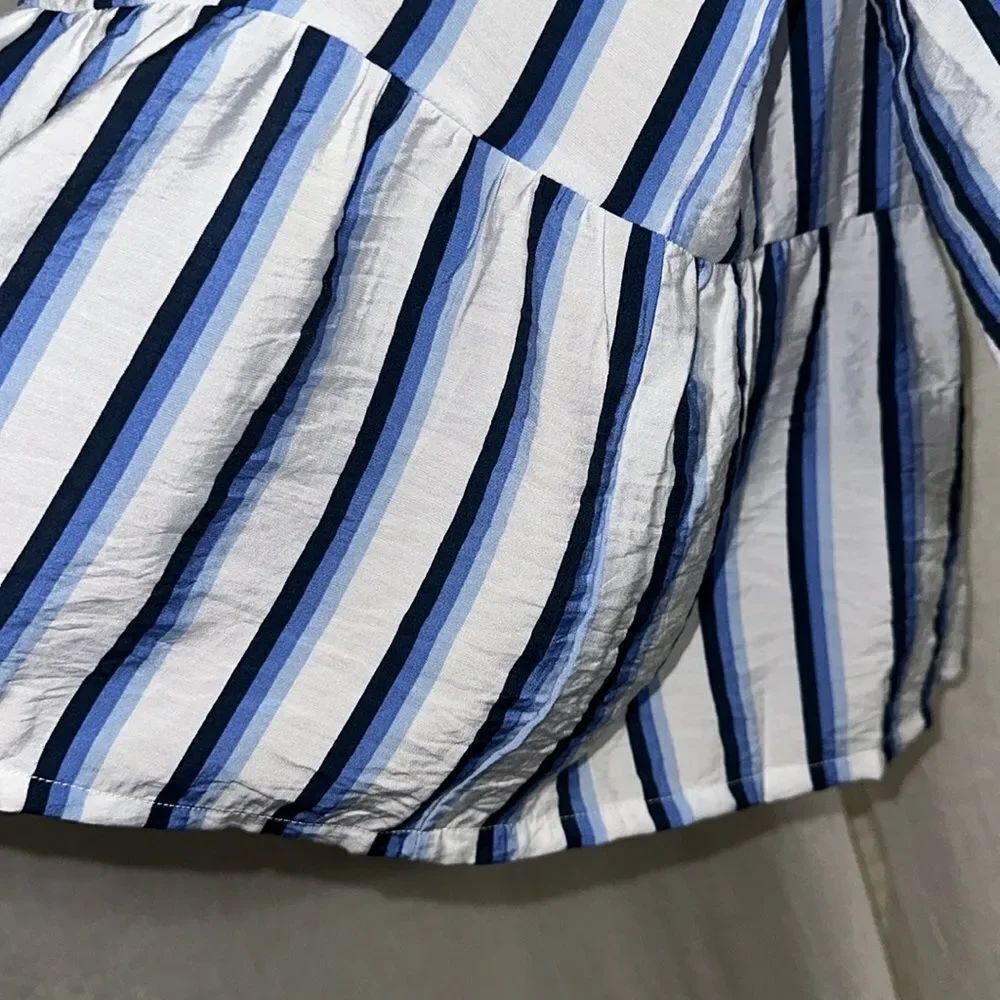 hester & orchard L White Blue Stripe Baby Doll Front Ties Quarter Sleeve Blouse - Picture 10 of 10